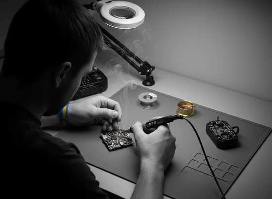 Людина паяє електронну плату
